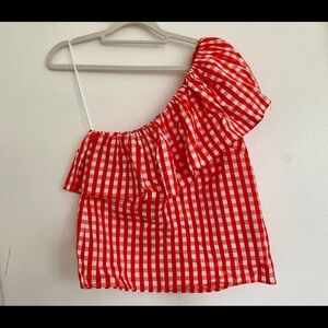 J. Crew Red and White Asymmetrical Ruffled Blouse